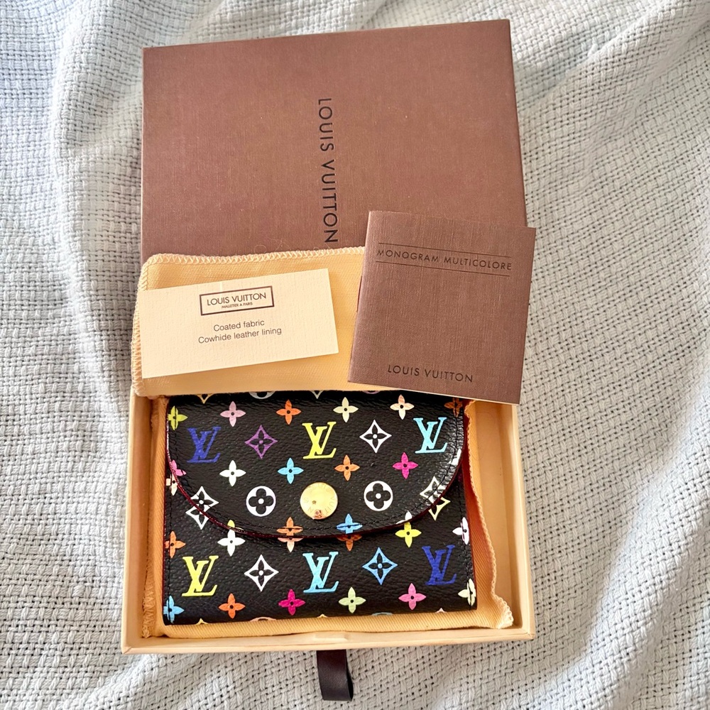 NEW Louis Vuitton Card Case Black Colorful Monogram Hot Pink Interior